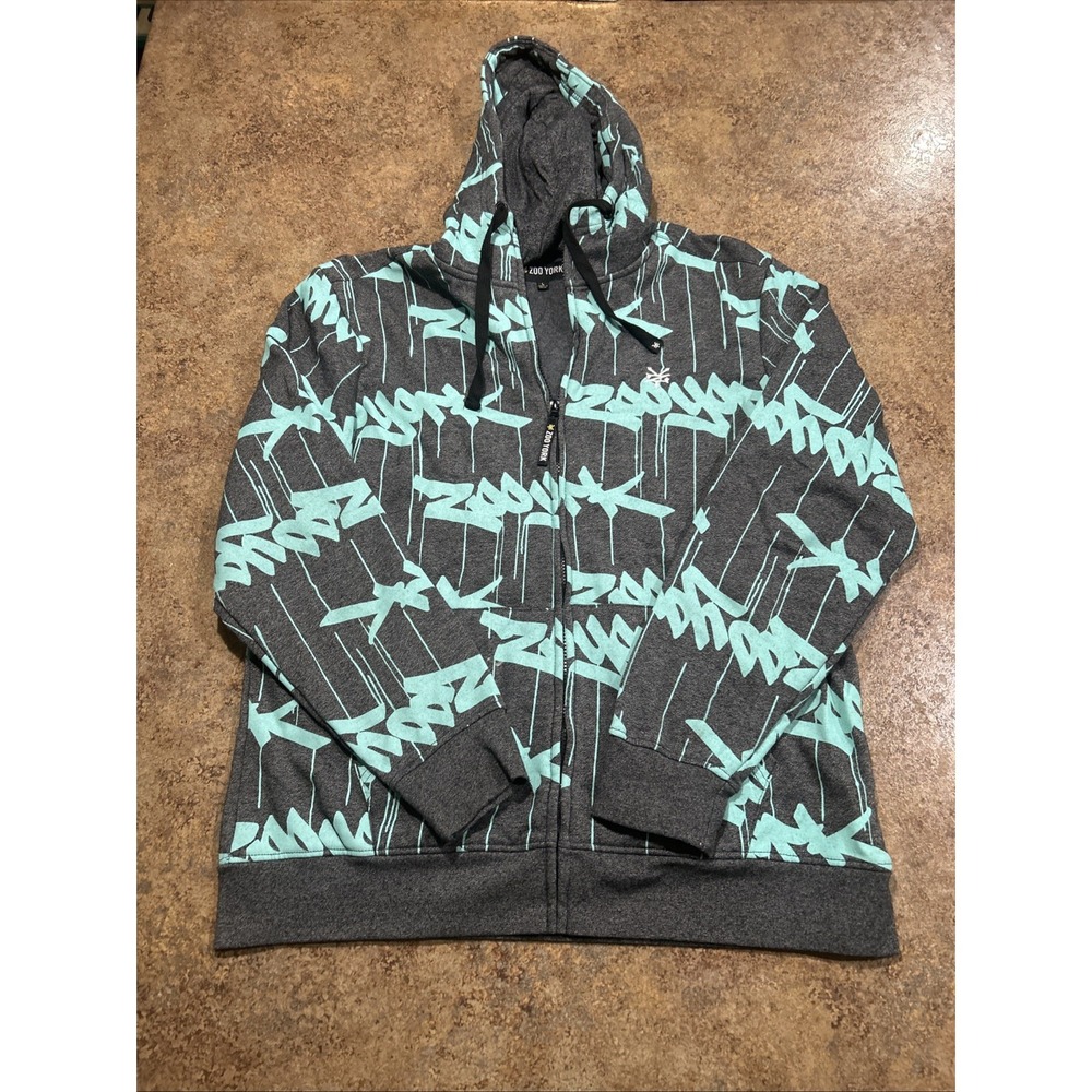 Y2k Zoo York AOP Zip Up Hoodie Gray Blue Skater Grunge